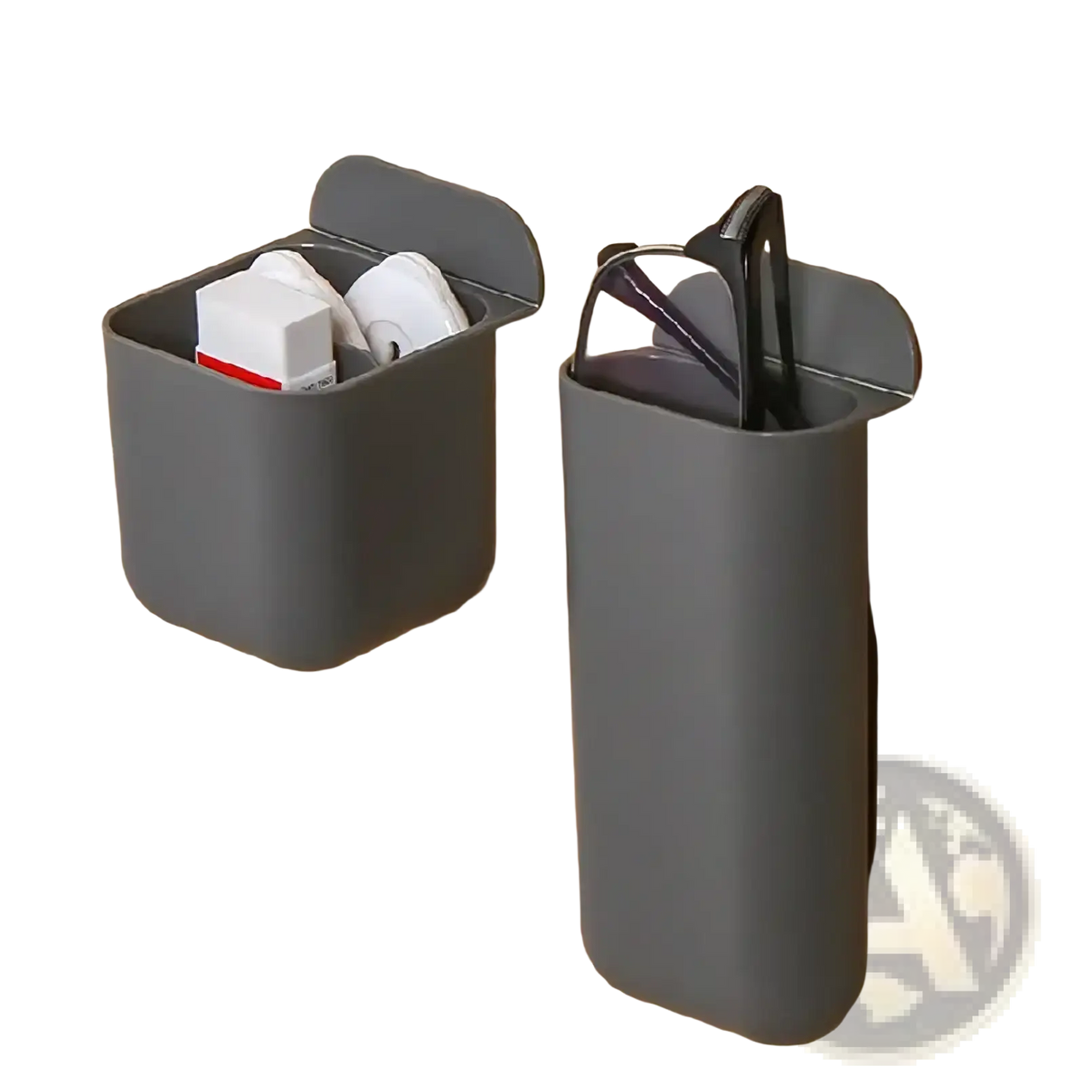 Gray plastic wall mounted desk organizer storage box with rectangular and cylindrical compartments holding small items