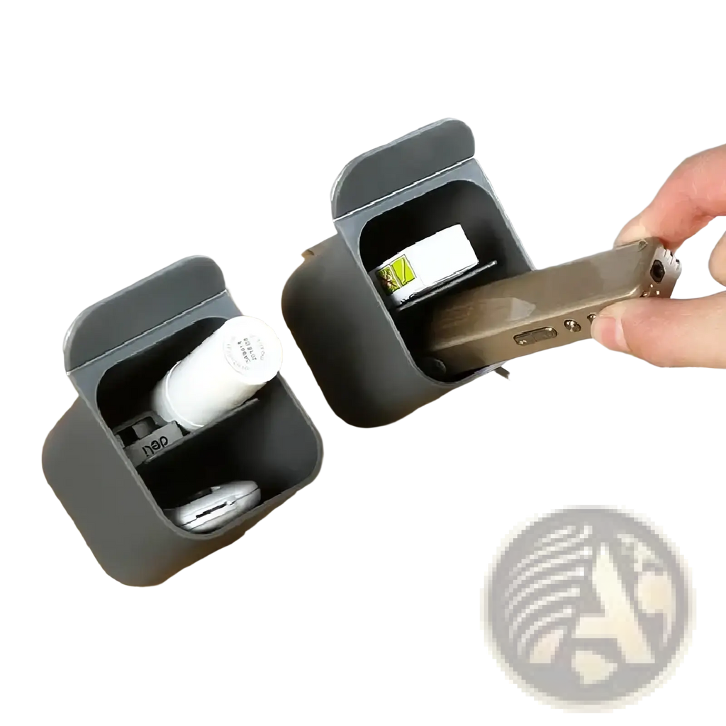 Gray plastic wall mounted desk organizer storage box with hinged lid designed to hold keys and usb drives