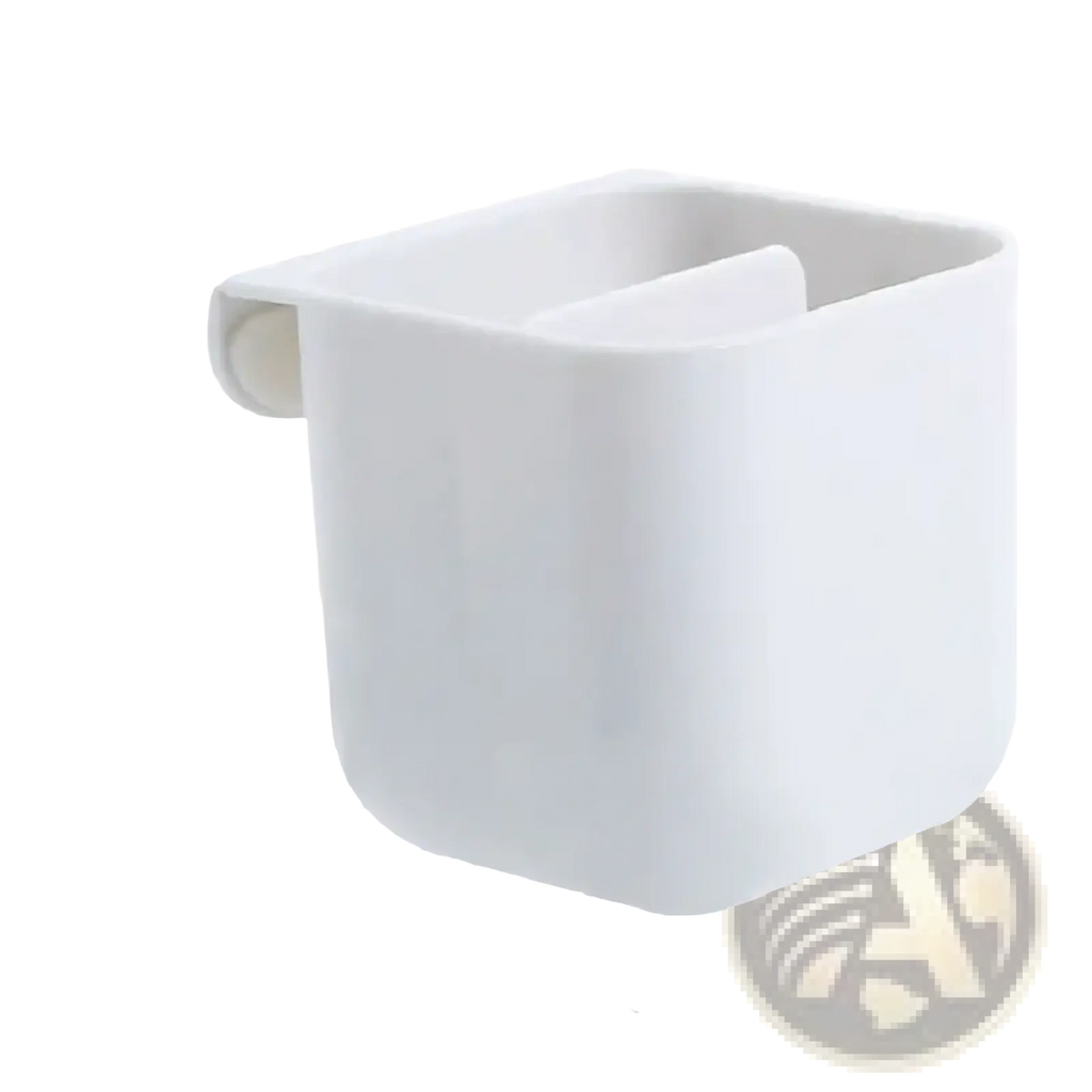 White cube-shaped plastic wall mounted desk organizer storage box with curved handle on one side