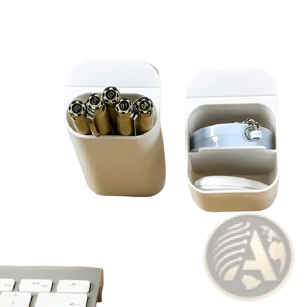 White wall mounted desk organizer storage box holding gold pens and a light blue keychain for office use