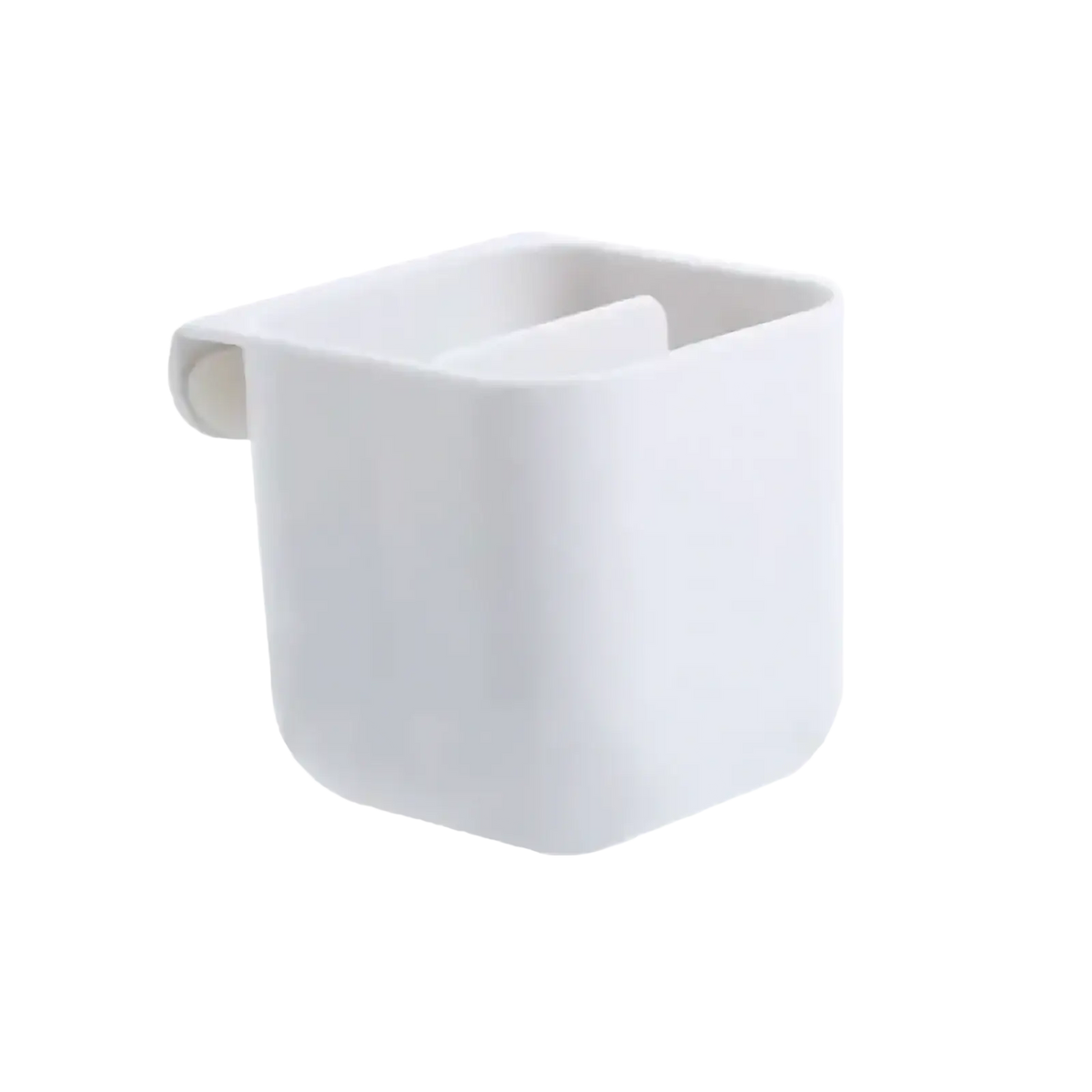 White plastic wall mounted desk organizer storage box with sleek minimalist design and rounded edges for toothbrushes