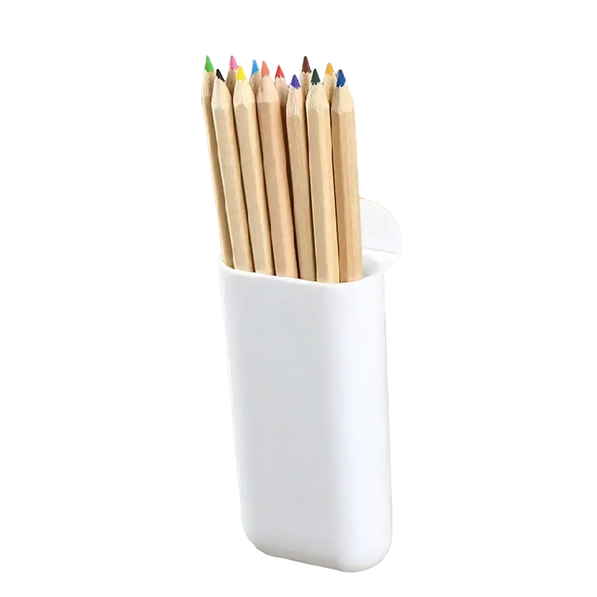 White plastic wall mounted desk organizer storage box with curved top edge holding ten wooden pencils with colorful tips