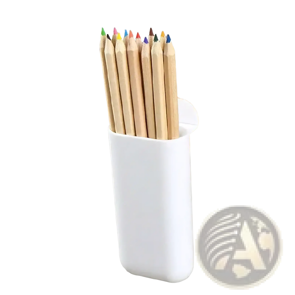 White plastic wall mounted desk organizer storage box with curved top edge holding ten wooden pencils with colorful tips