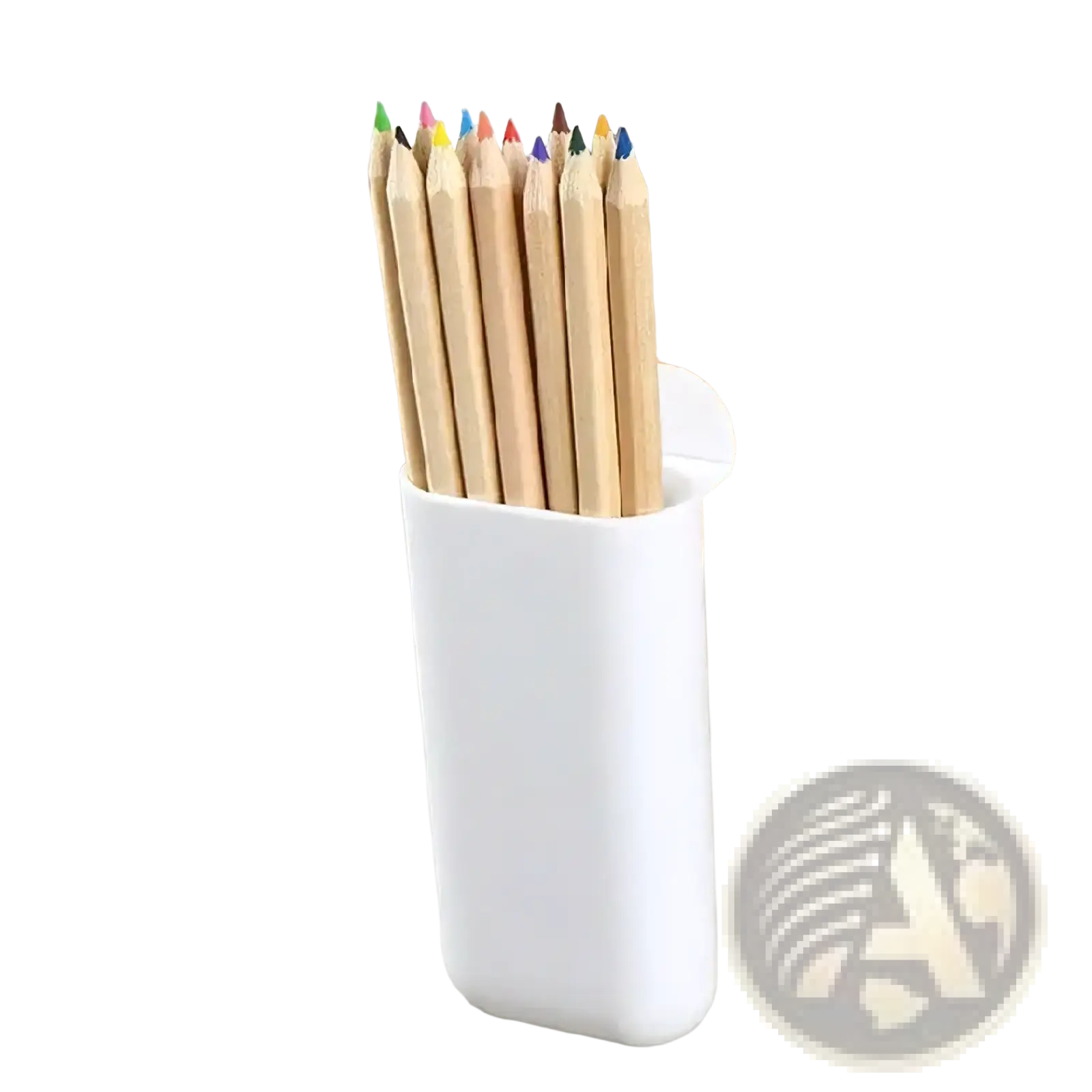 White plastic wall mounted desk organizer storage box with curved top edge holding ten wooden pencils with colorful tips