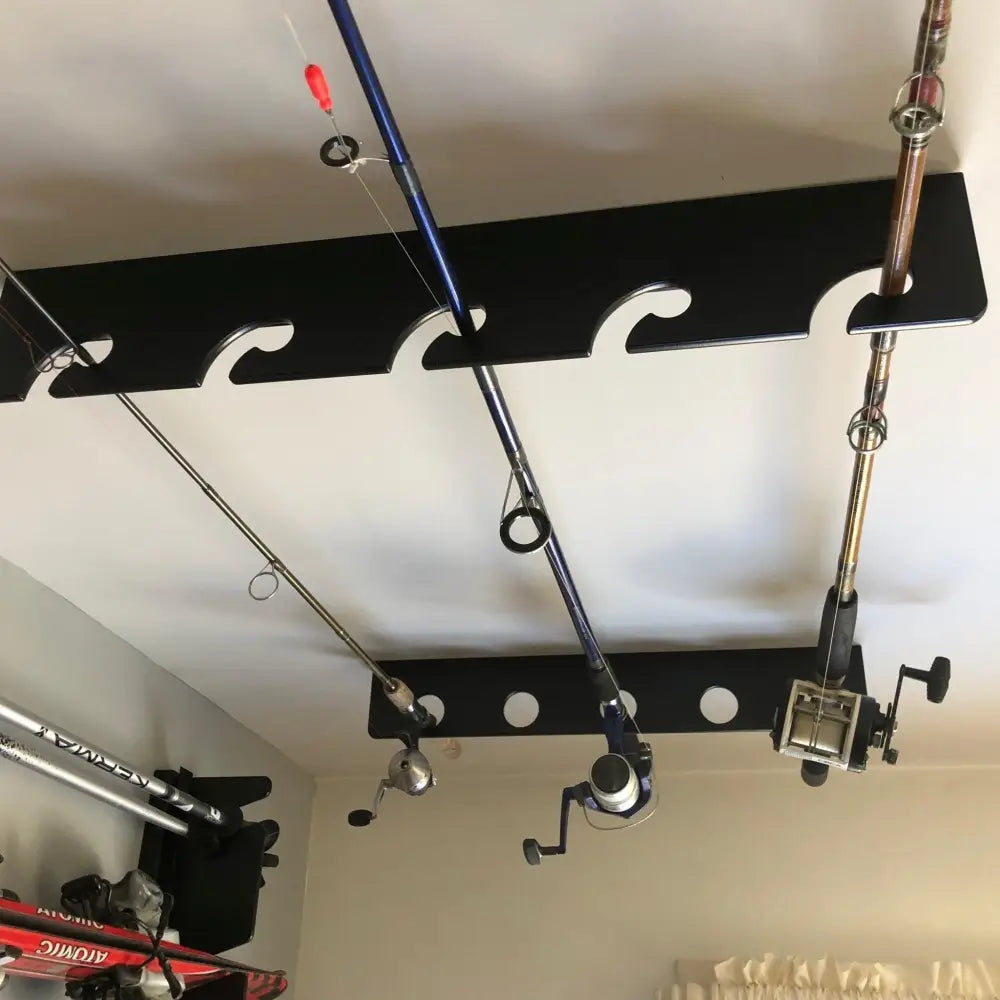 Wisa Birch wave wall mounted black fishing rod rack made of birch wood holding multiple rods