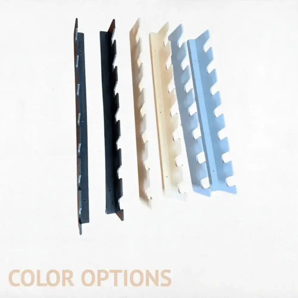 Black beige and light blue plastic zigzag shelf edge trim pieces for lancaster wooden wall mounted garden tool rack