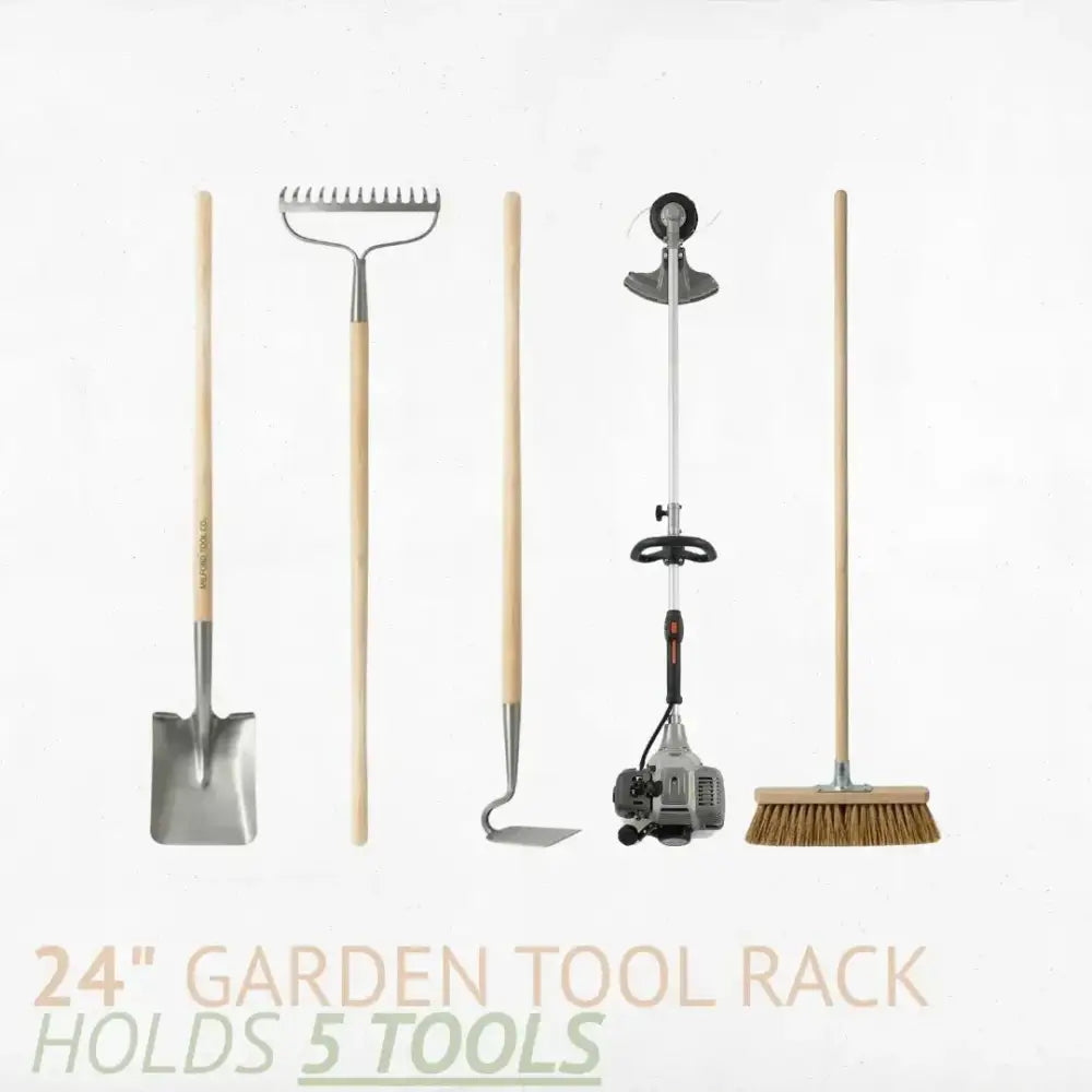 Lancaster wooden wall mounted garden tool rack holding five metal garden tools with wooden handles including shovel and rake