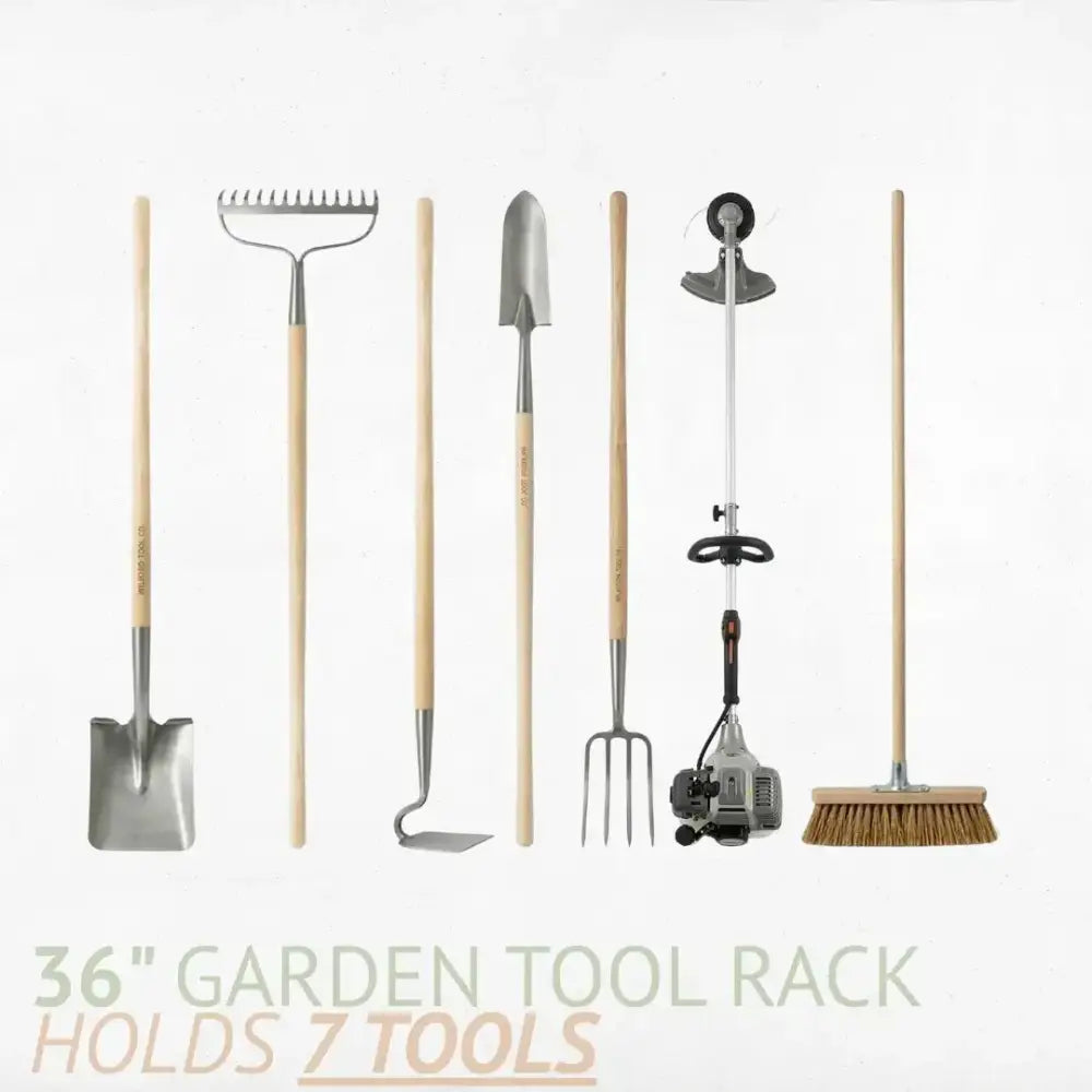Silver metal garden shovel with light wood handle displayed on lancaster wooden wall mounted garden tool rack