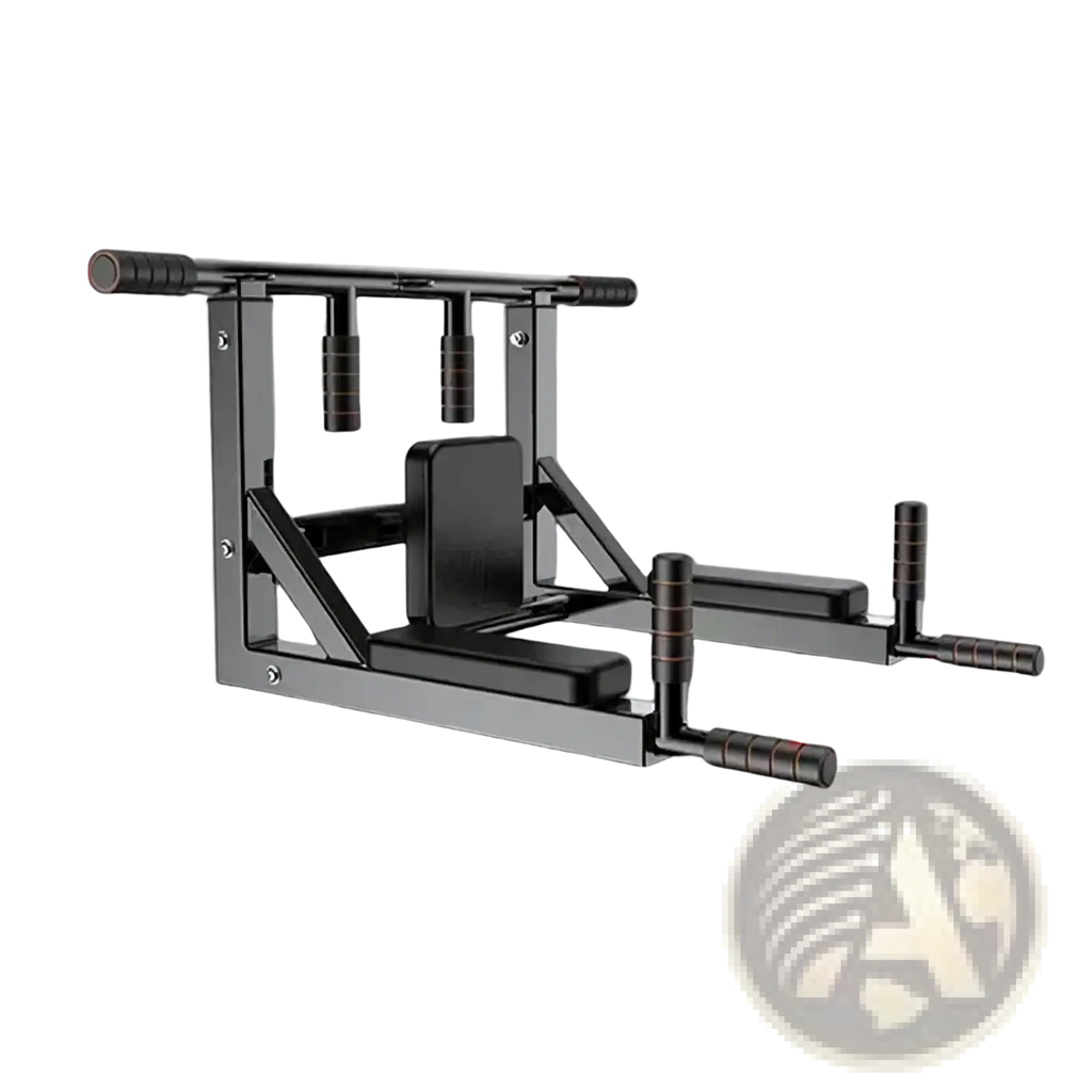 Black metal wall mounted home gym pull up bar with adjustable footrests and padded handles for fitness training