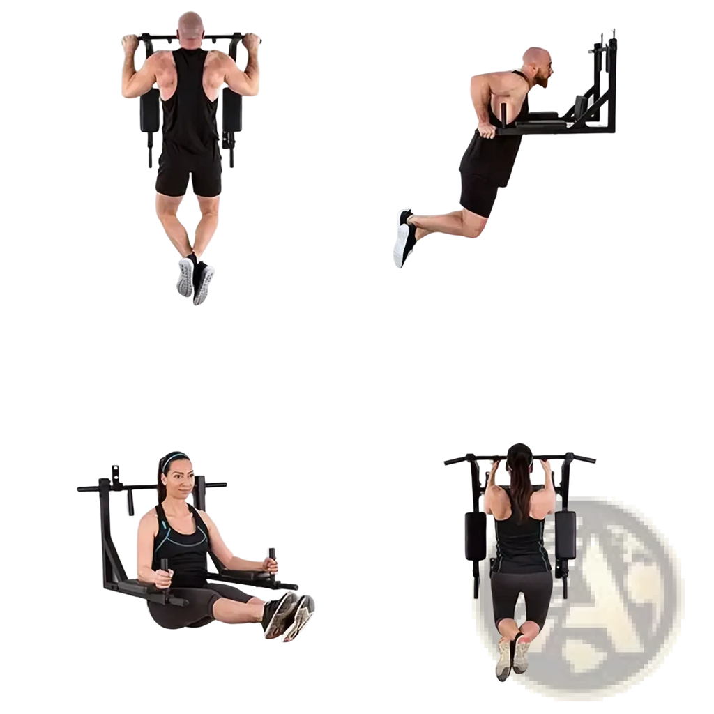 Black metal wall mounted home gym pull up bar with padded handles and adjustable resistance pads for fitness use