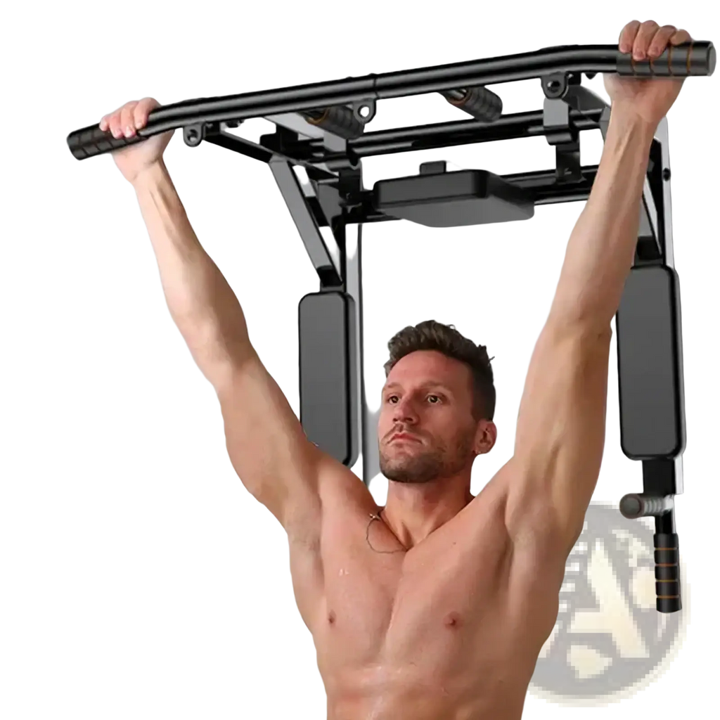 Black metal wall mounted home gym pull up bar with adjustable height and grip handles for fitness equipment use