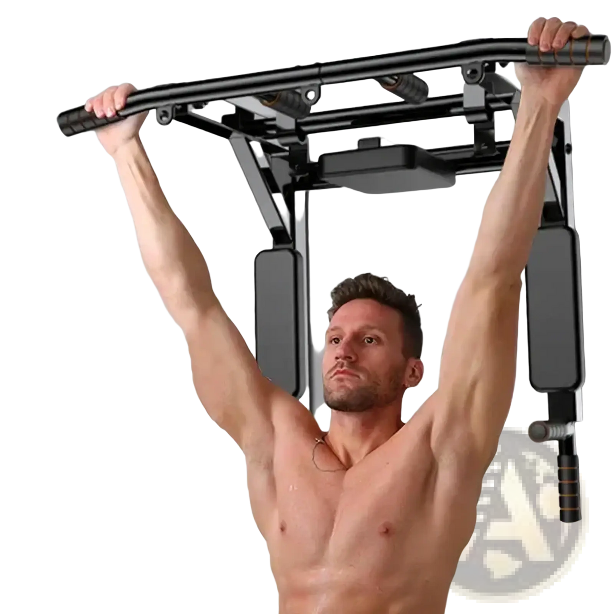 Black metal wall mounted home gym pull up bar with adjustable height and grip handles for fitness equipment use