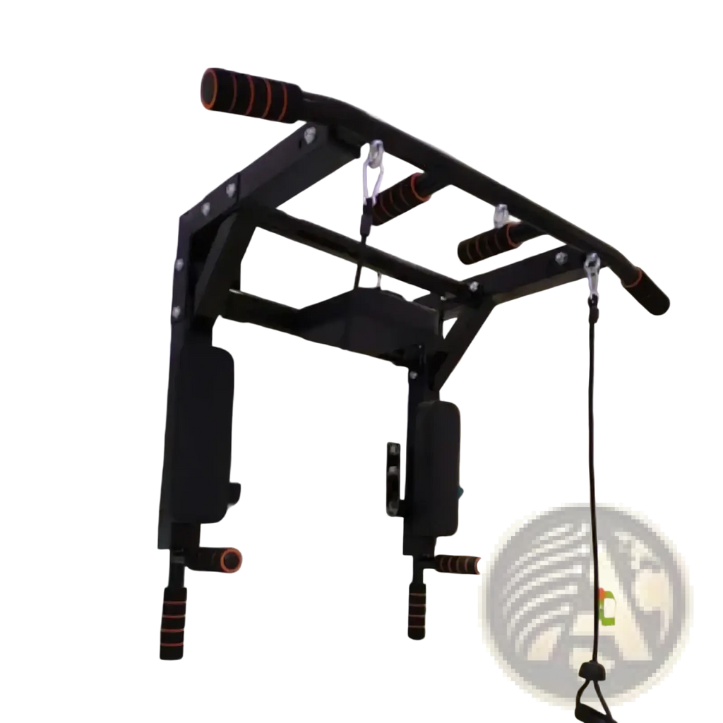 Black wall-mounted home gym pull up bar with orange grip accents and adjustable resistance cables for fitness use