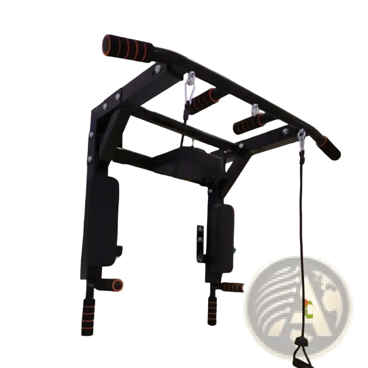 Black wall-mounted home gym pull up bar with orange grip accents and adjustable resistance cables for fitness use