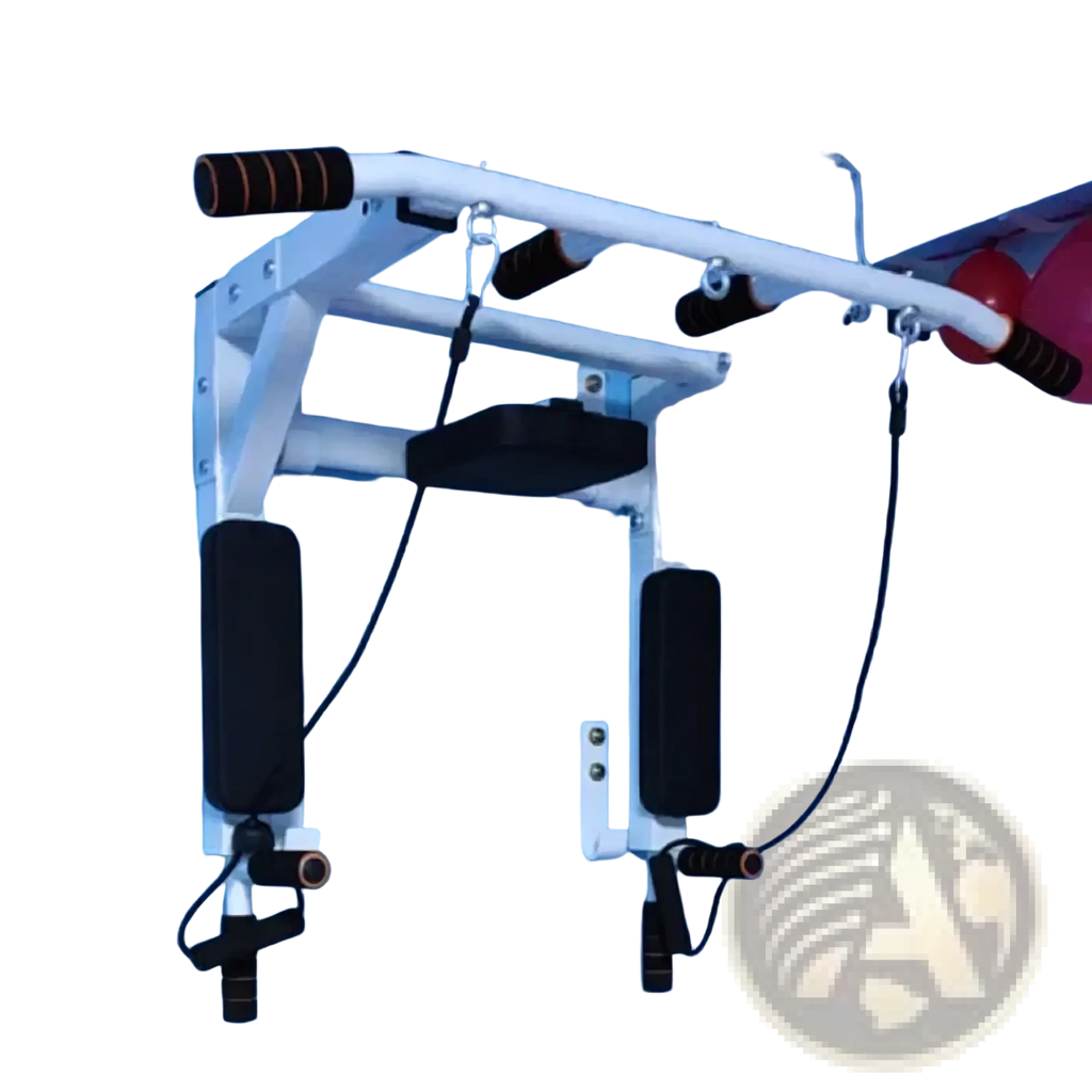 White wall mounted home gym pull up bar with black padded handles and adjustable resistance bands for fitness use