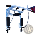 White wall mounted home gym pull up bar with black padded handles and adjustable resistance bands for fitness use