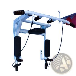 White wall mounted home gym pull up bar with black padded handles and adjustable resistance bands for fitness use