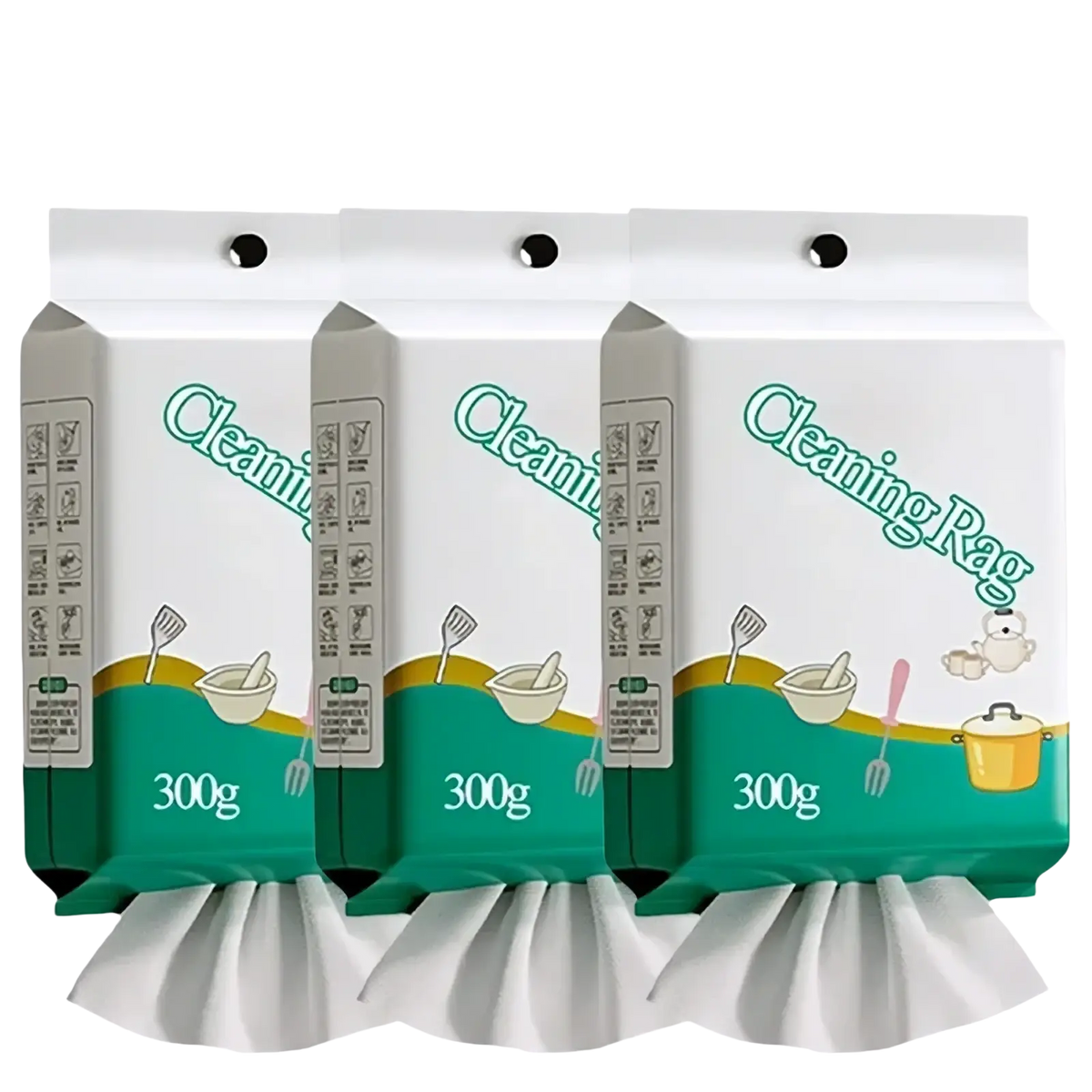 Three-pack of white 300g kitchen cleaning rags in green and white sleeves with utensil illustrations for wall mounted dispenser