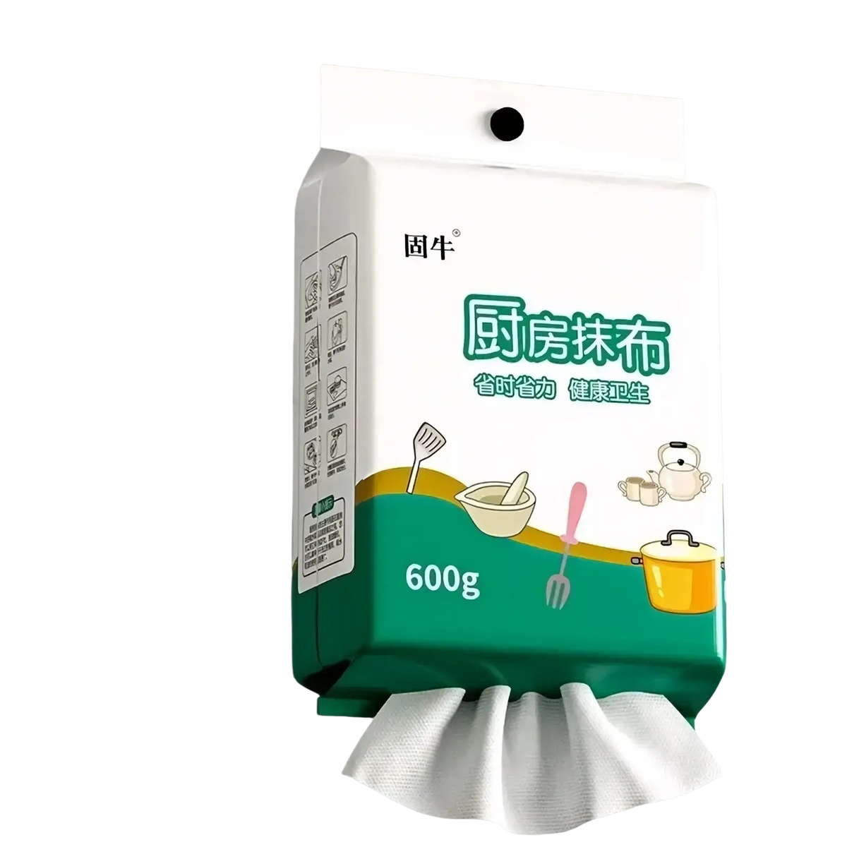 White and green wall mounted kitchen cleaning wipes dispenser with 600g capacity and cartoon cooking utensils design