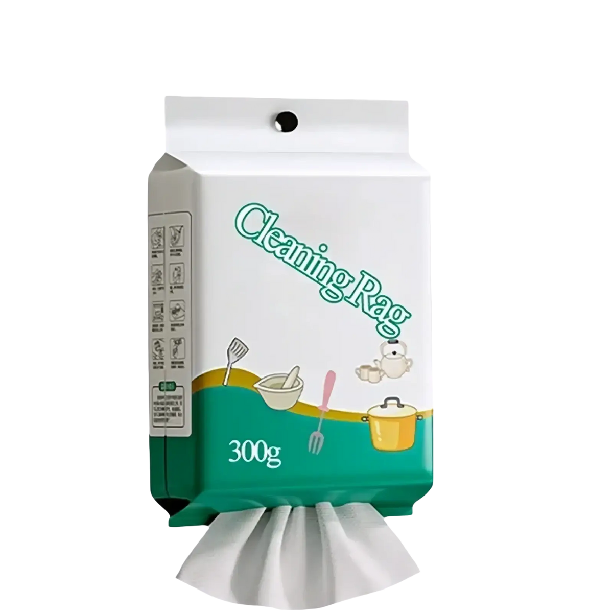 White cleaning rags in resealable package with green kitchen-themed labeling for wall mounted kitchen cleaning wipes dispenser