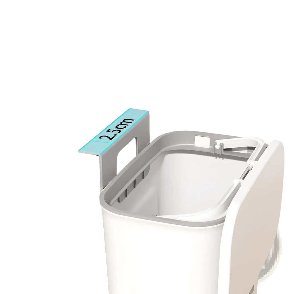 White plastic under-sink wall mounted kitchen trash bin with gray rim and light blue 2.5cm mounting bracket 9l capacity