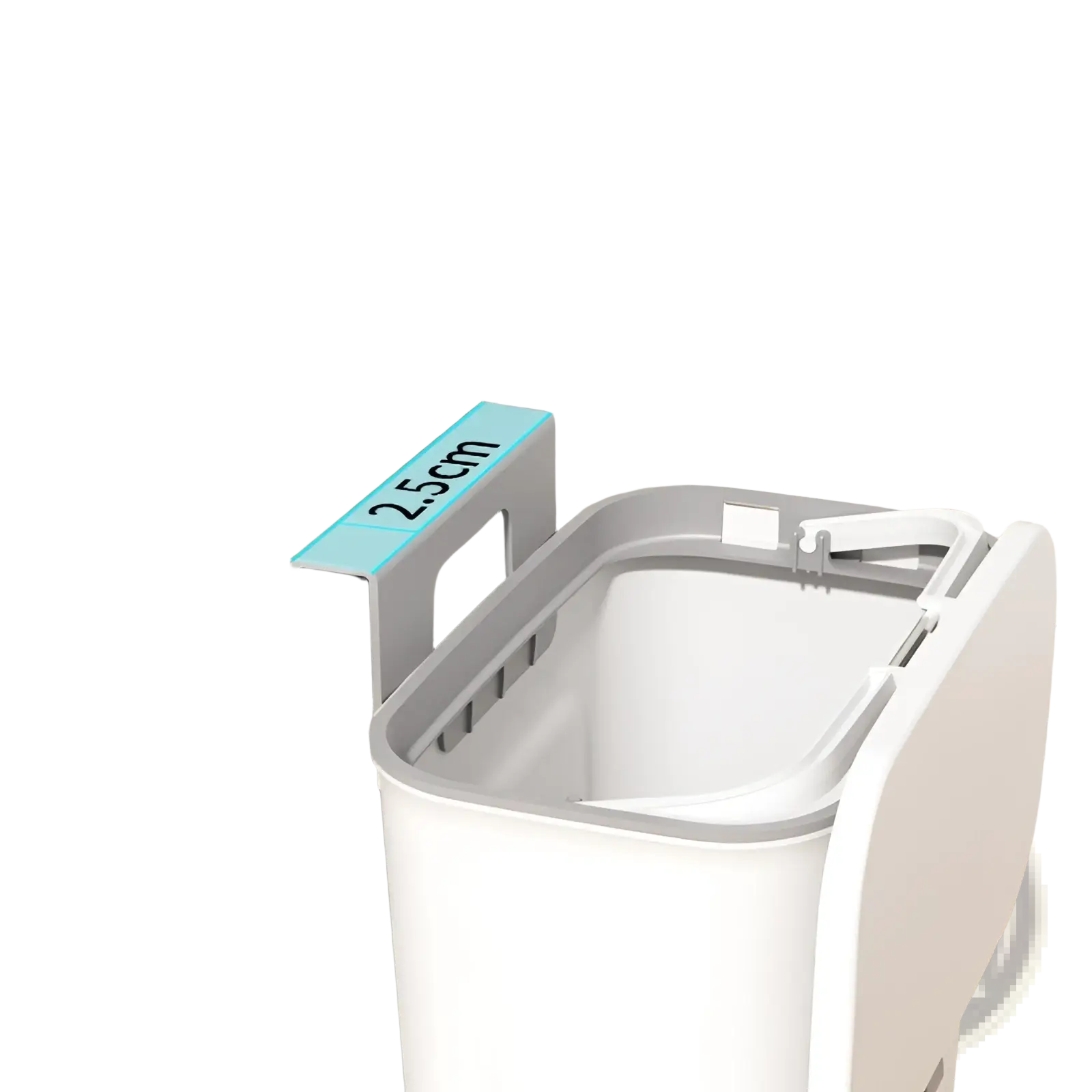 White plastic under-sink wall mounted kitchen trash bin with gray rim and light blue 2.5cm mounting bracket 9l capacity