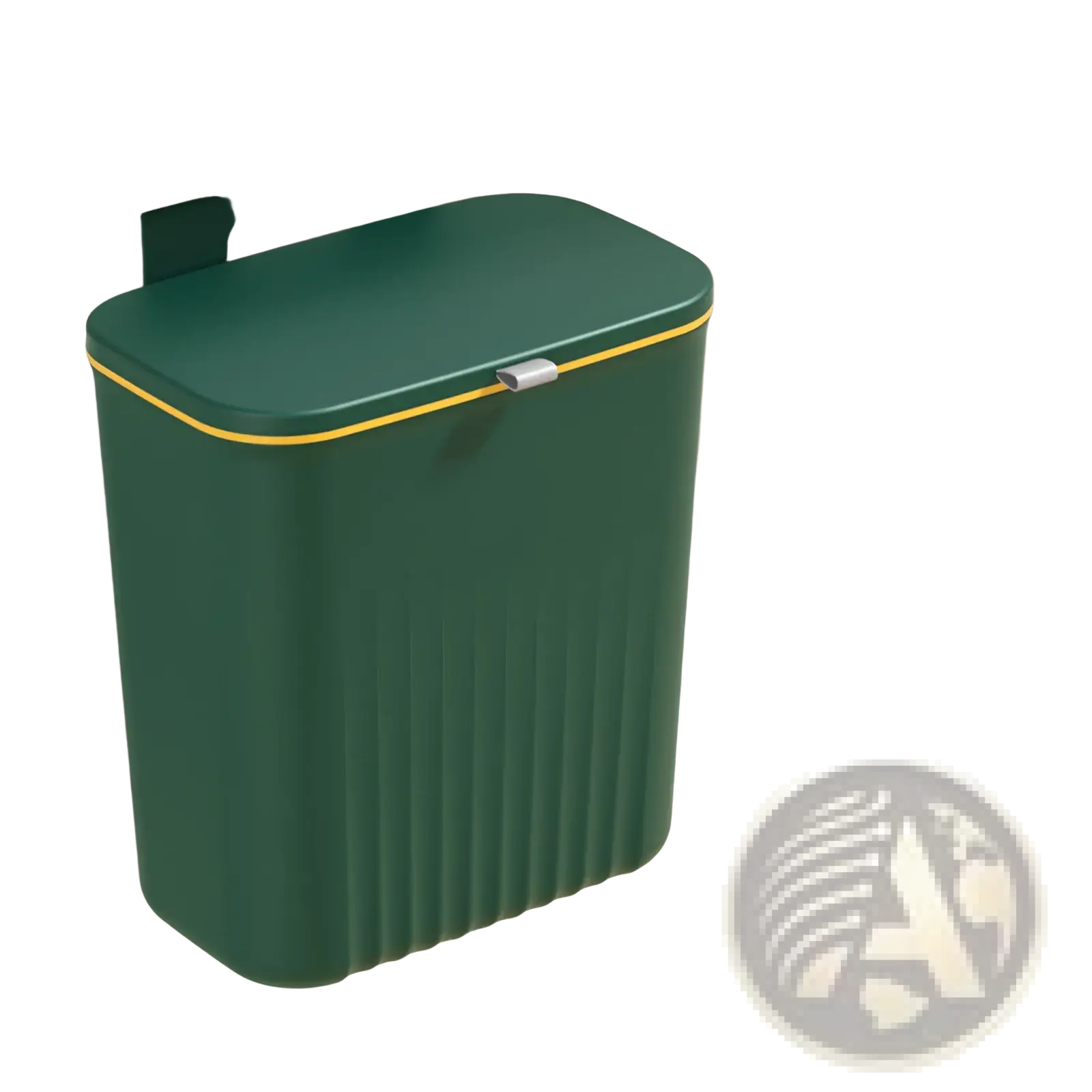 Wall mounted kitchen trash bin 9l with dark green ribbed plastic body yellow trimmed lid and silver hinge undercounter use