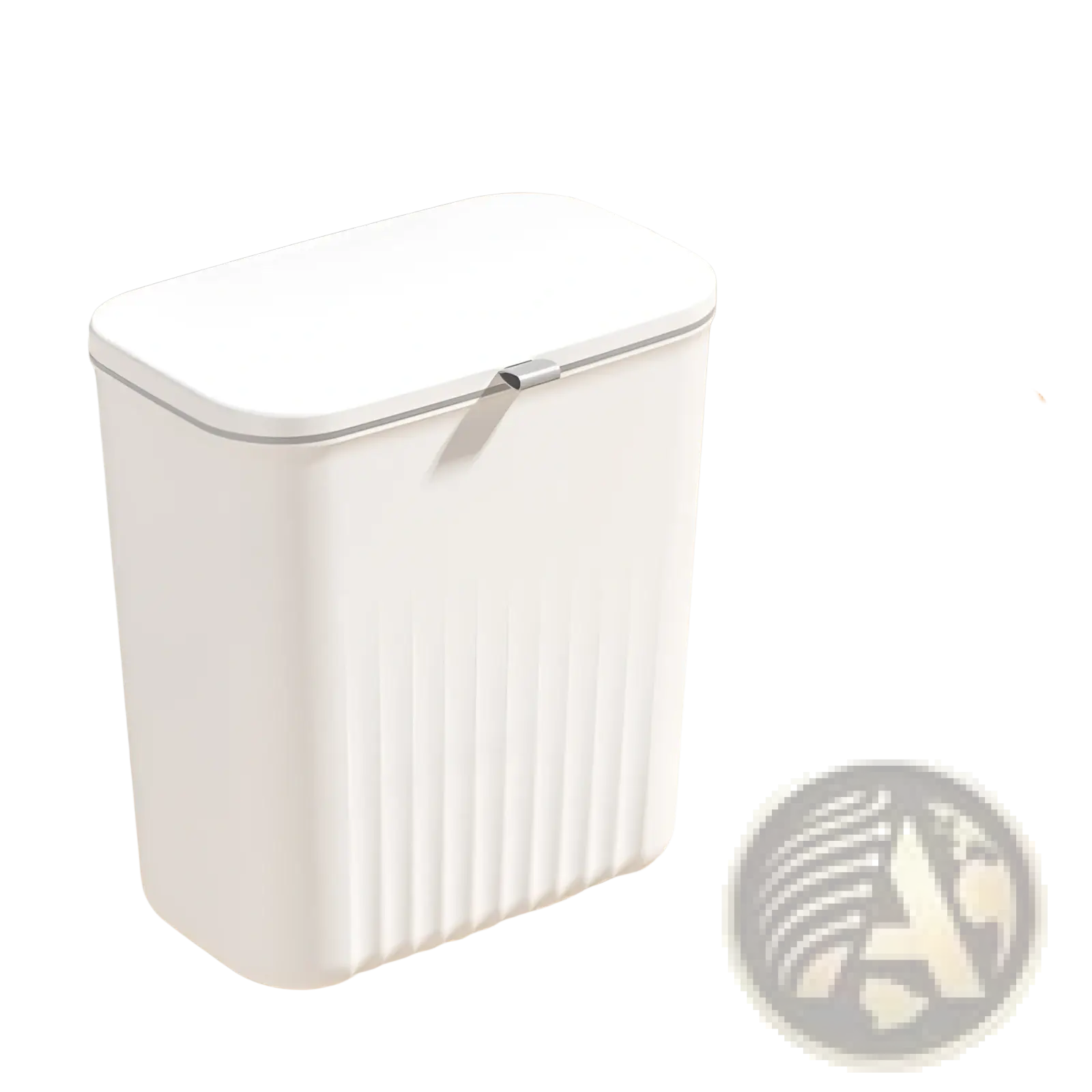 White rectangular wall mounted kitchen trash bin with 9l capacity vertical ribbed texture and silver hinge lid