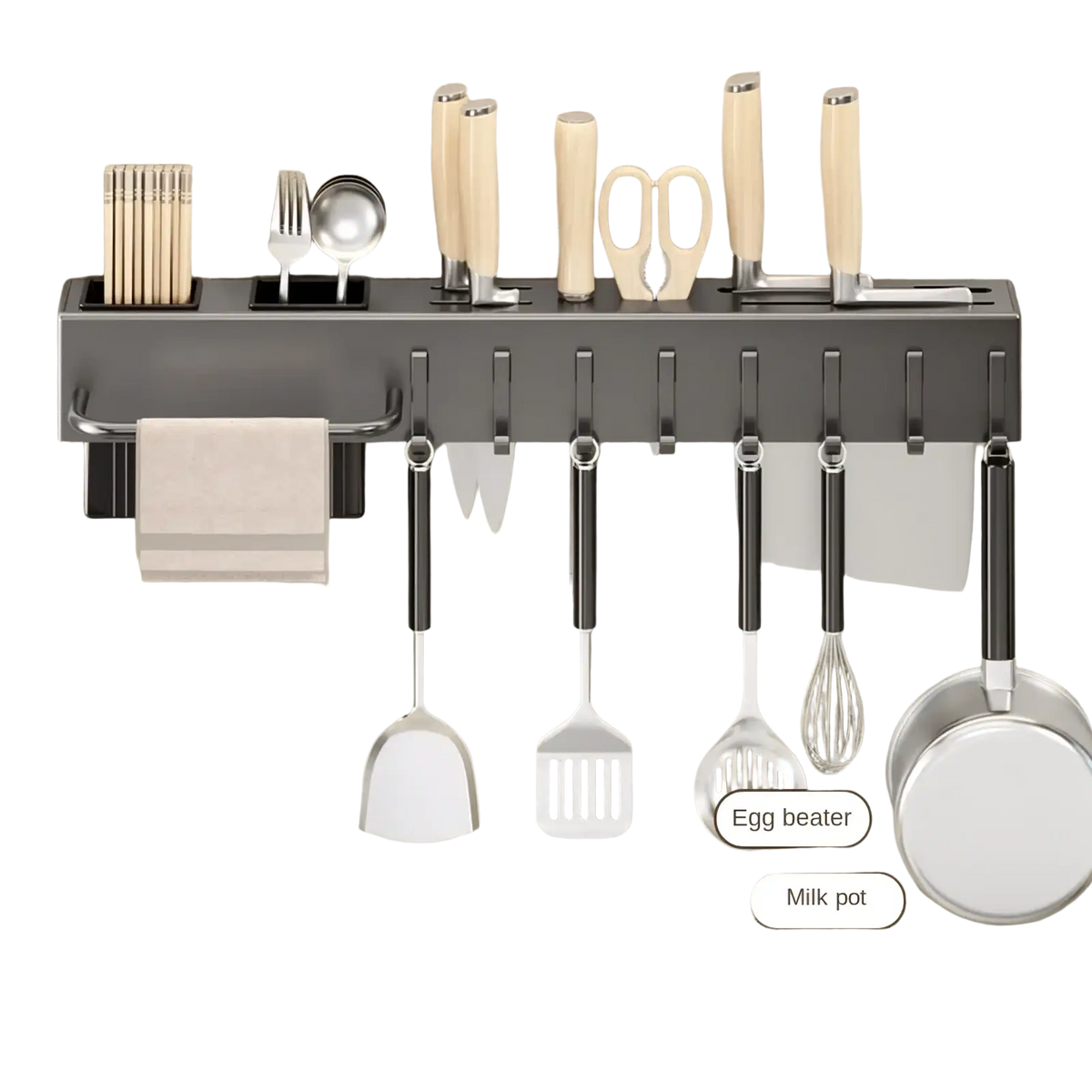 Black metal kitchen utensil holder and knife rack wall mounted with multiple hooks and slots for cooking tools