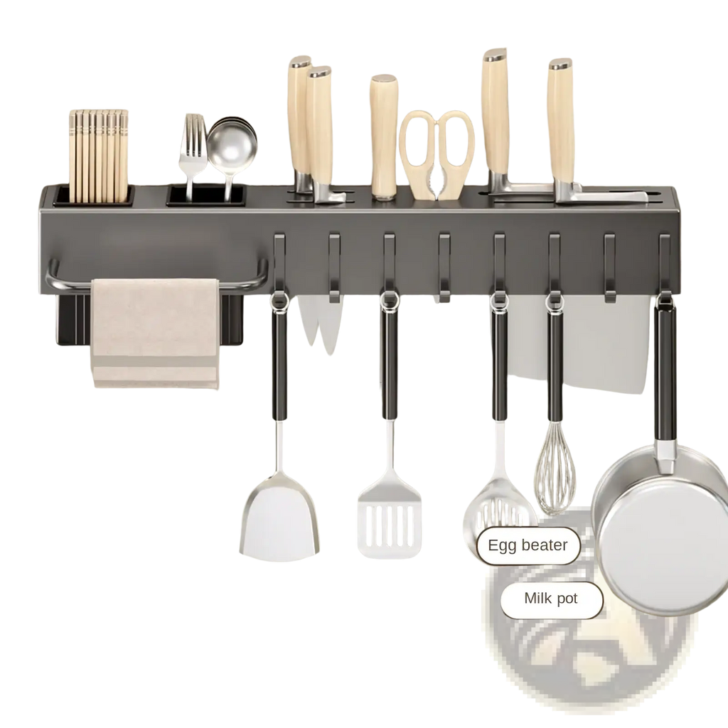 Black metal kitchen utensil holder and knife rack wall mounted with multiple hooks and slots for cooking tools