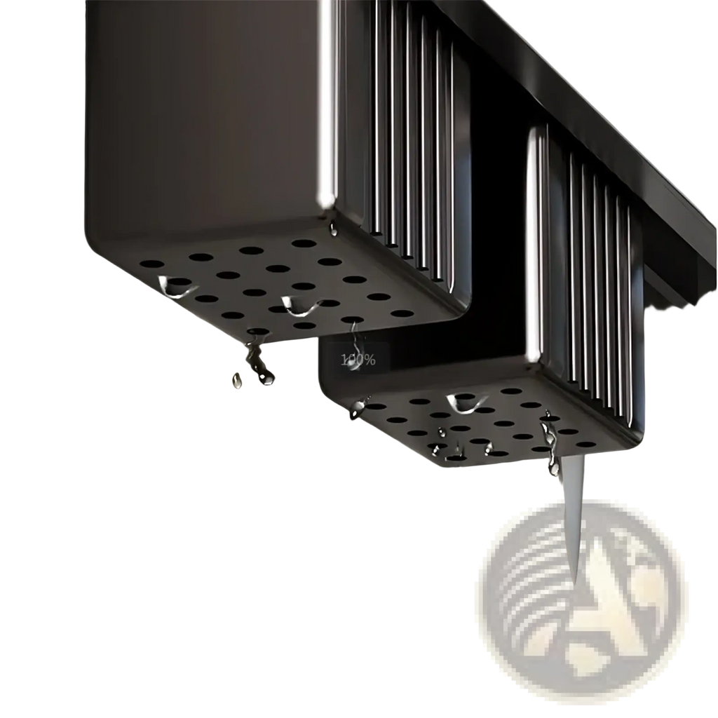 Black metal rainwater diverter with perforated design and vertical ridges for wall mounted kitchen utensil holder and knife rack
