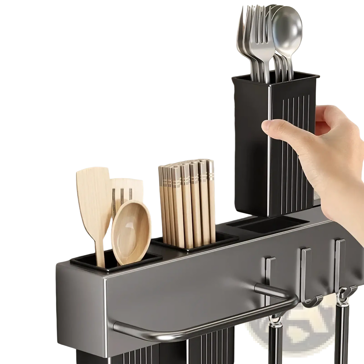 Black rectangular wall mounted kitchen utensil holder with vertical ridges and magnetic base for chopstick storage