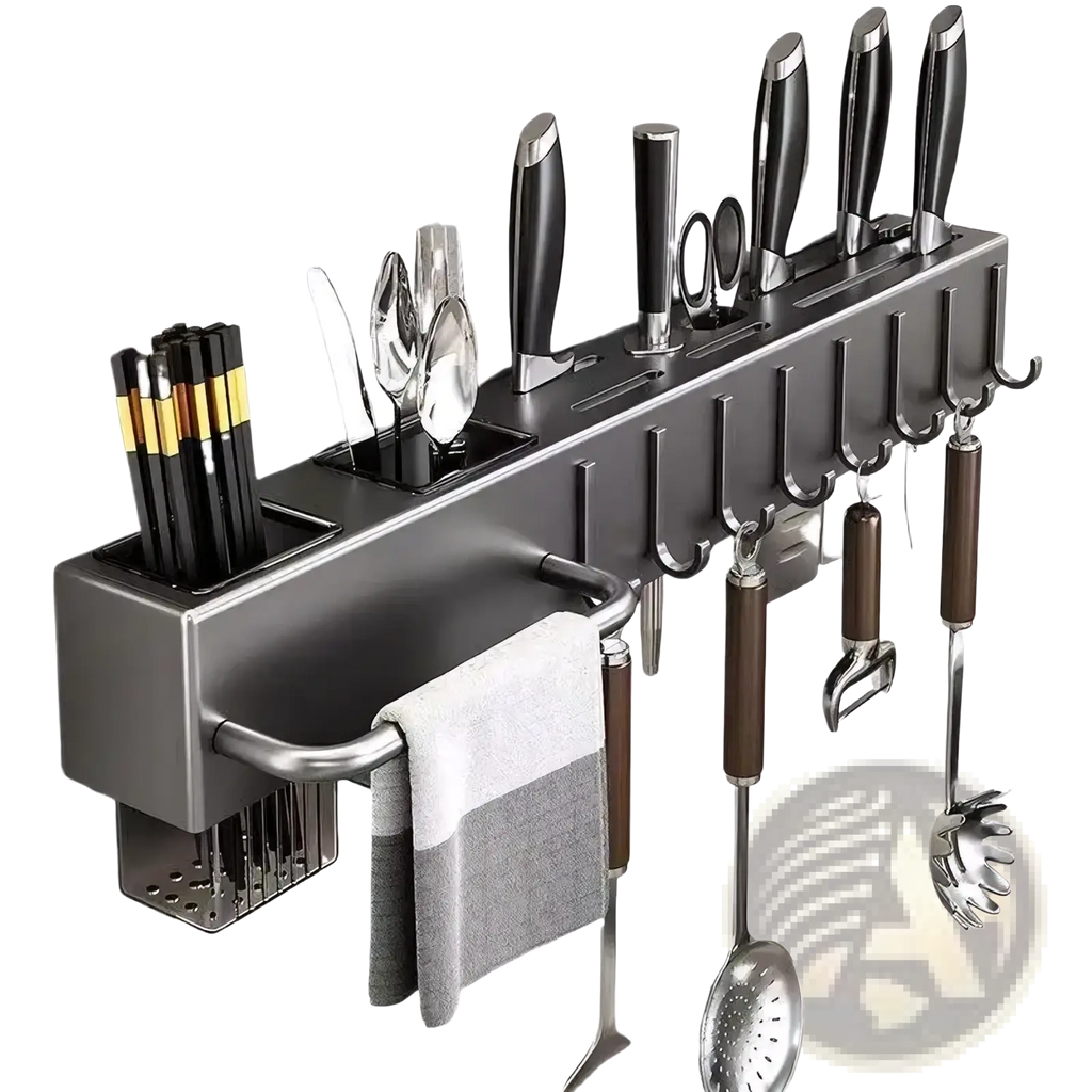 Black and silver wall mounted kitchen utensil holder and knife rack with hooks, towel rack, and compartments for tools