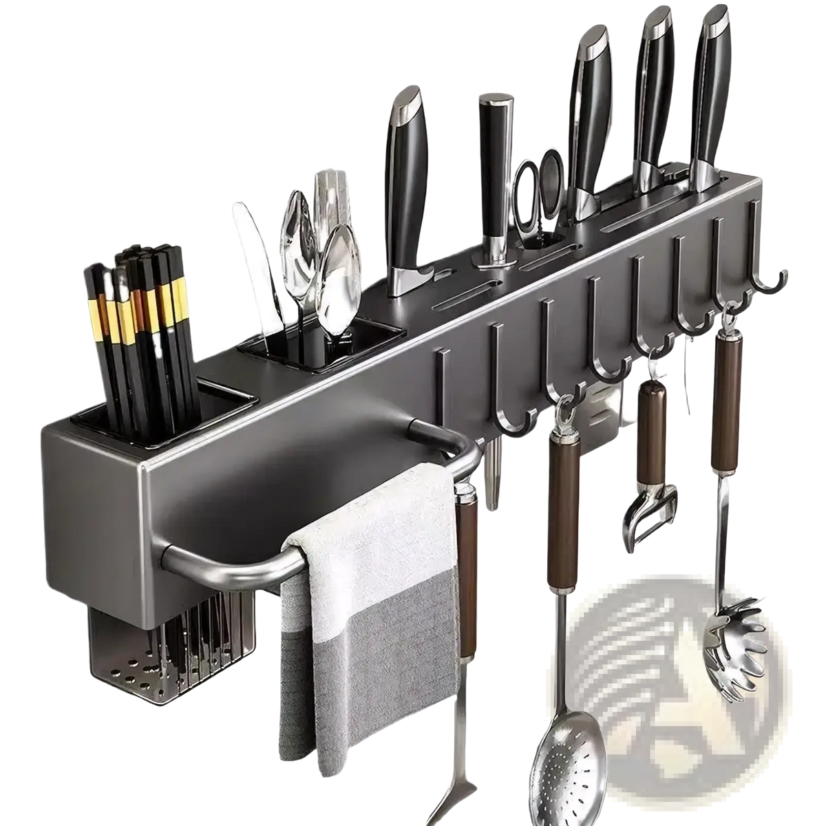 Black and silver wall mounted kitchen utensil holder and knife rack with hooks, towel rack, and compartments for tools