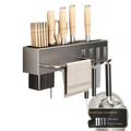 Gun gray metal wall mounted kitchen utensil holder and knife rack with integrated towel rack and utensil holders