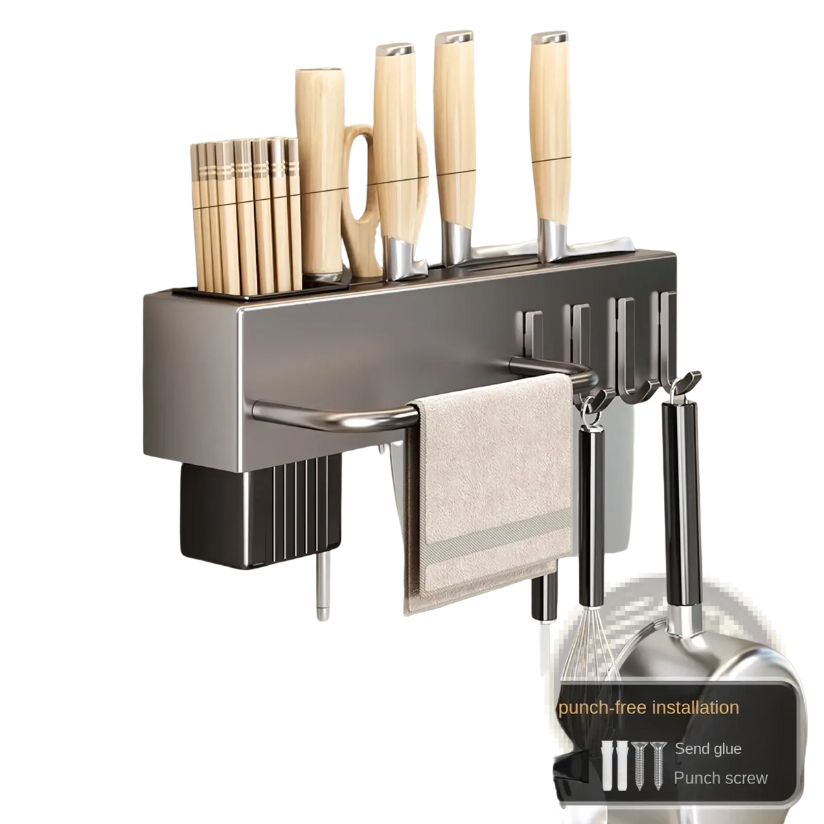 Gun gray metal wall mounted kitchen utensil holder and knife rack with integrated towel rack and utensil holders