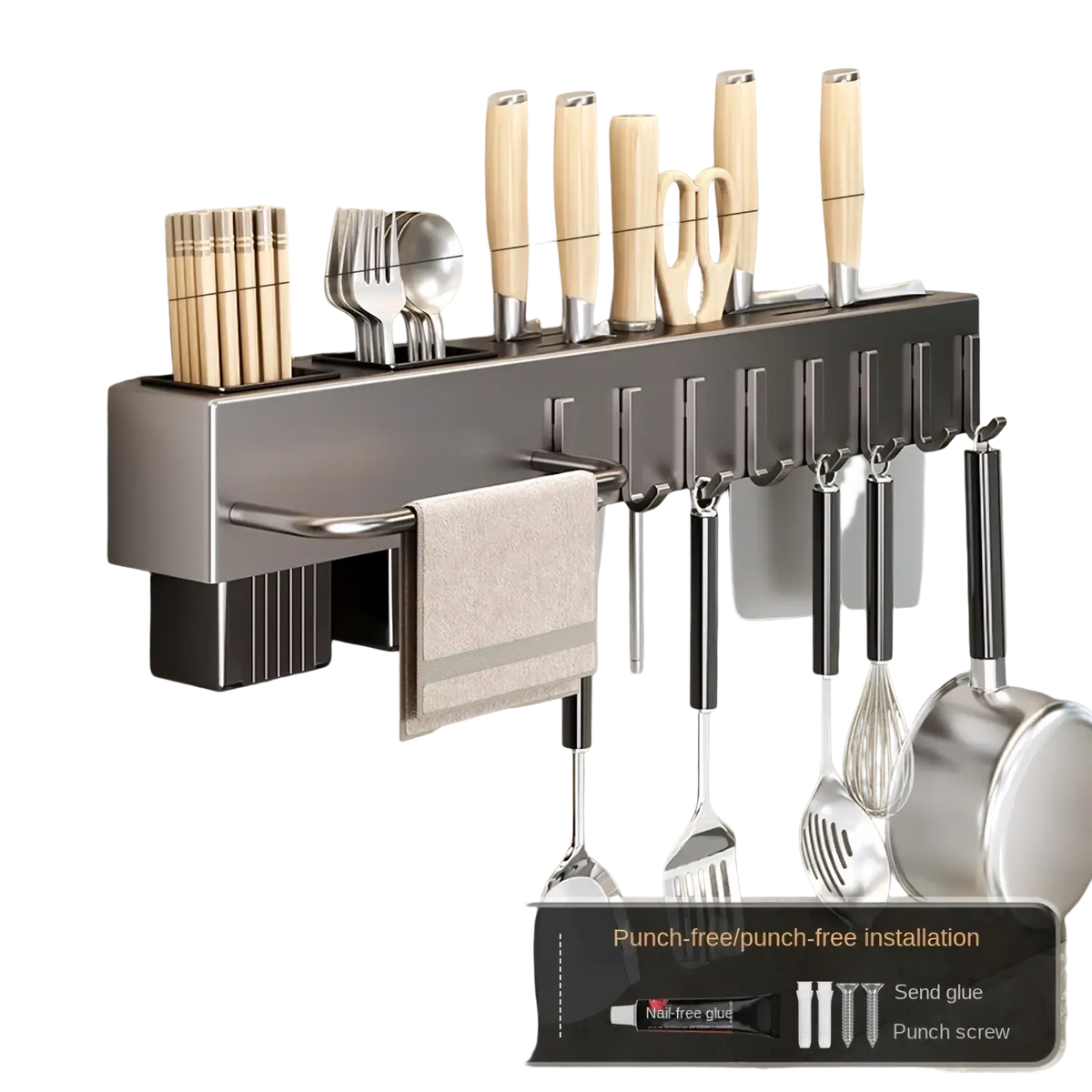 Gun gray wall mounted kitchen utensil holder and knife rack 50cm with multiple hooks and built-in towel rack
