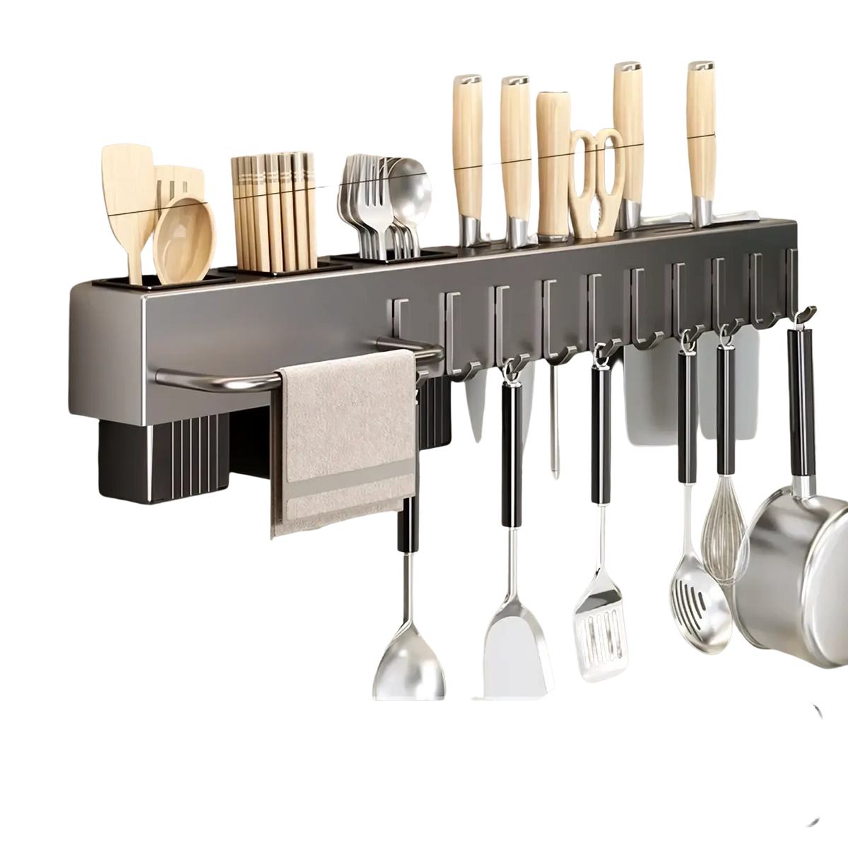 Gun gray 60cm wall-mounted kitchen utensil holder and knife rack with multiple hooks and built-in towel rack