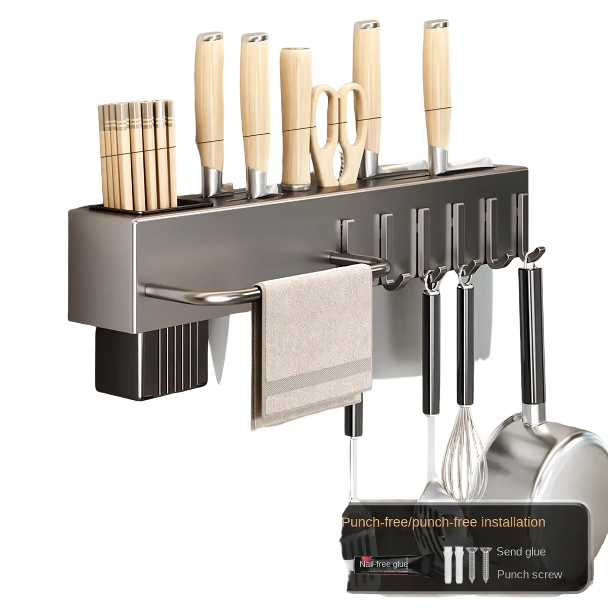 Gun gray metal wall-mounted kitchen utensil holder and knife rack with wooden-handled utensils and towel rack