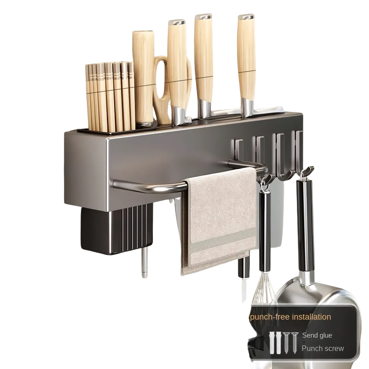 Gun gray metal wall mounted kitchen utensil holder and knife rack with integrated towel rack and utensil holders