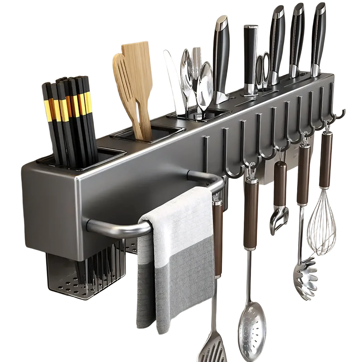 Modern matte gray metal wall mounted kitchen utensil holder and knife rack with slots for cutlery chopsticks and hooks