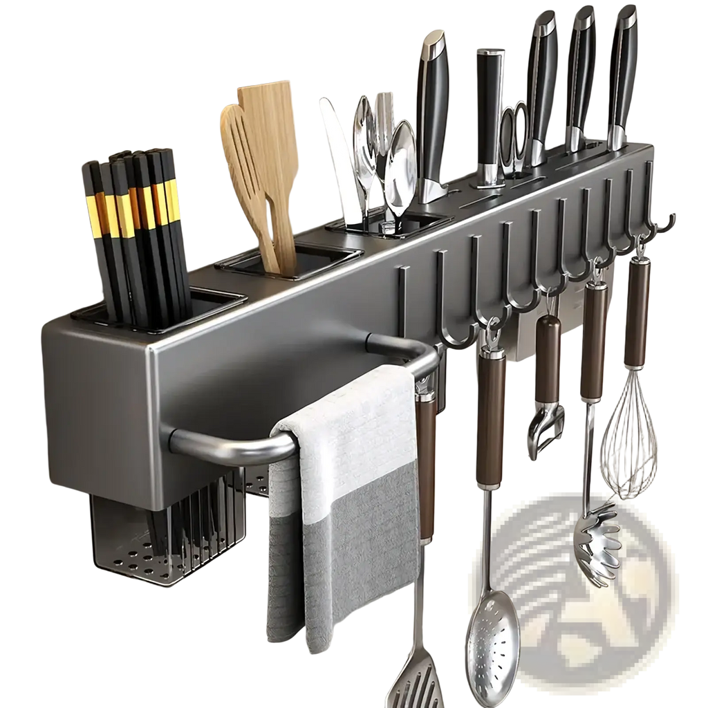 Modern matte gray metal wall mounted kitchen utensil holder and knife rack with slots for cutlery chopsticks and hooks
