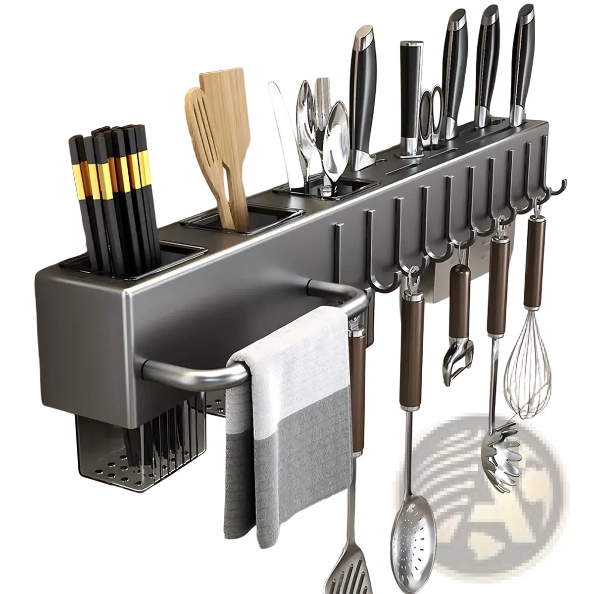 Modern matte gray metal wall mounted kitchen utensil holder and knife rack with slots for cutlery chopsticks and hooks