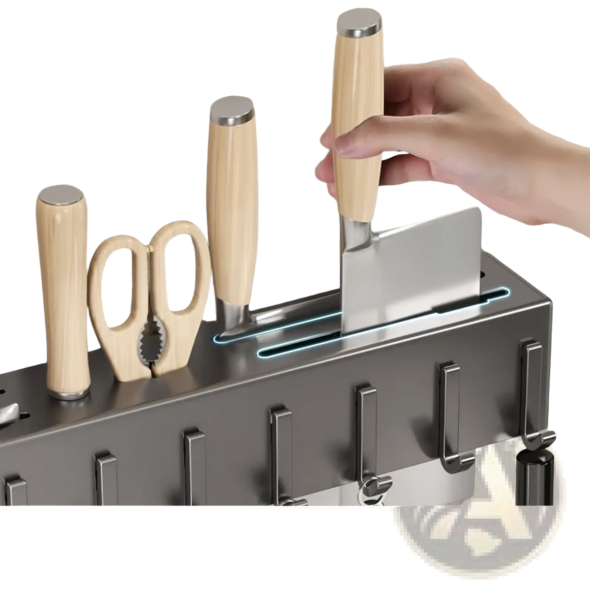 Wall mounted kitchen utensil holder and knife rack in stainless steel with wooden handles and blue led light strip