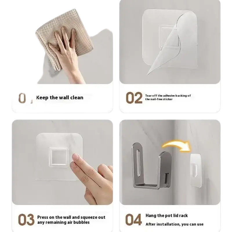 Silver metal pot lid rack with nail-free adhesive backing for easy wall-mounted design and heat dissipation box wall use