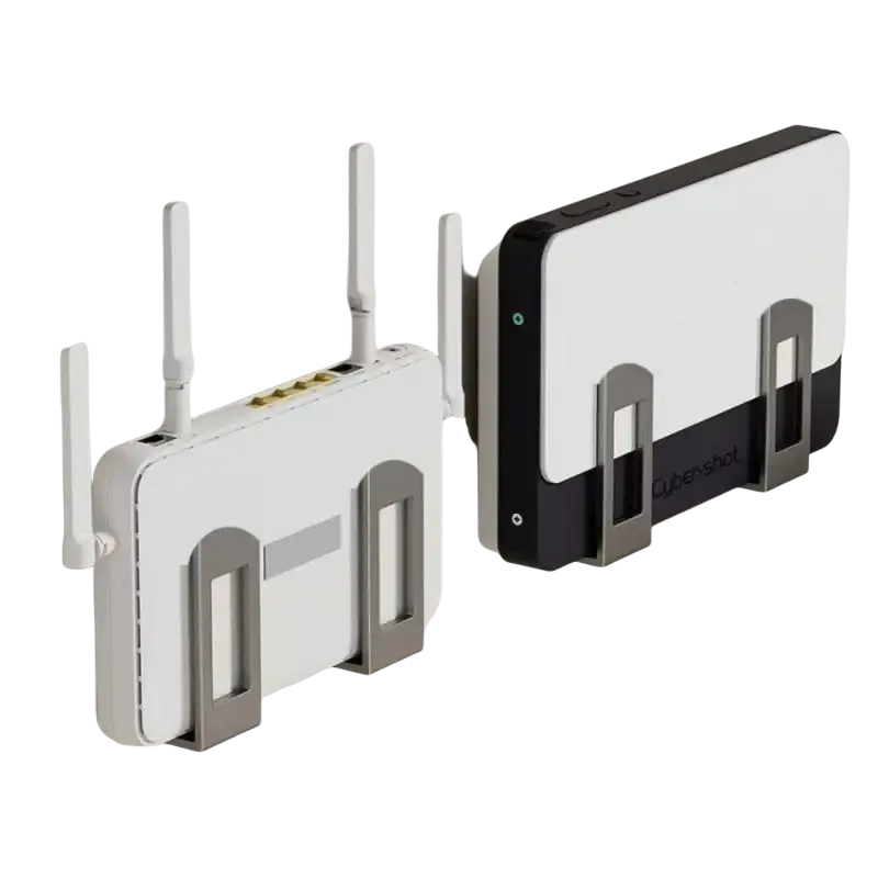 White and black wall-mounted router storage box with heat dissipation and silver metal brackets in box wall design