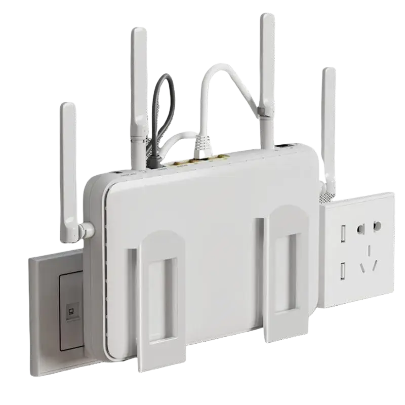 White plastic wireless range extender with four antennas in a wall-mounted router storage box with heat dissipation