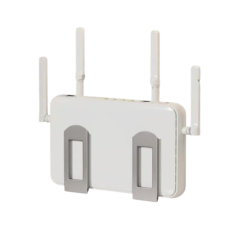 White wireless router with four antennas mounted in a wall-mounted design box wall for heat dissipation and storage