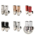 Dual-compartment wall mounted chrome soap dispenser with abs pump and various colored translucent and opaque tops