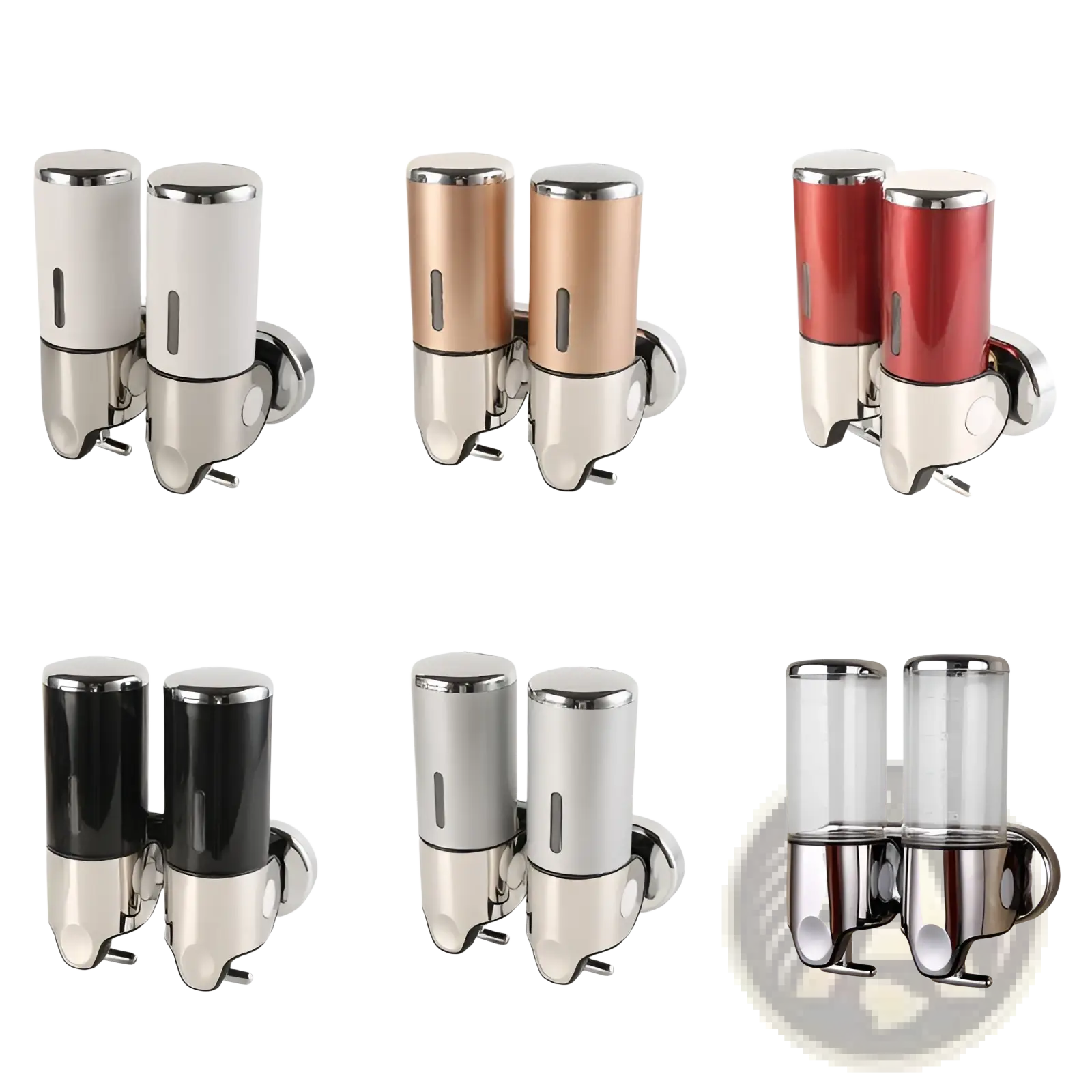 Dual-compartment wall mounted chrome soap dispenser with abs pump and various colored translucent and opaque tops